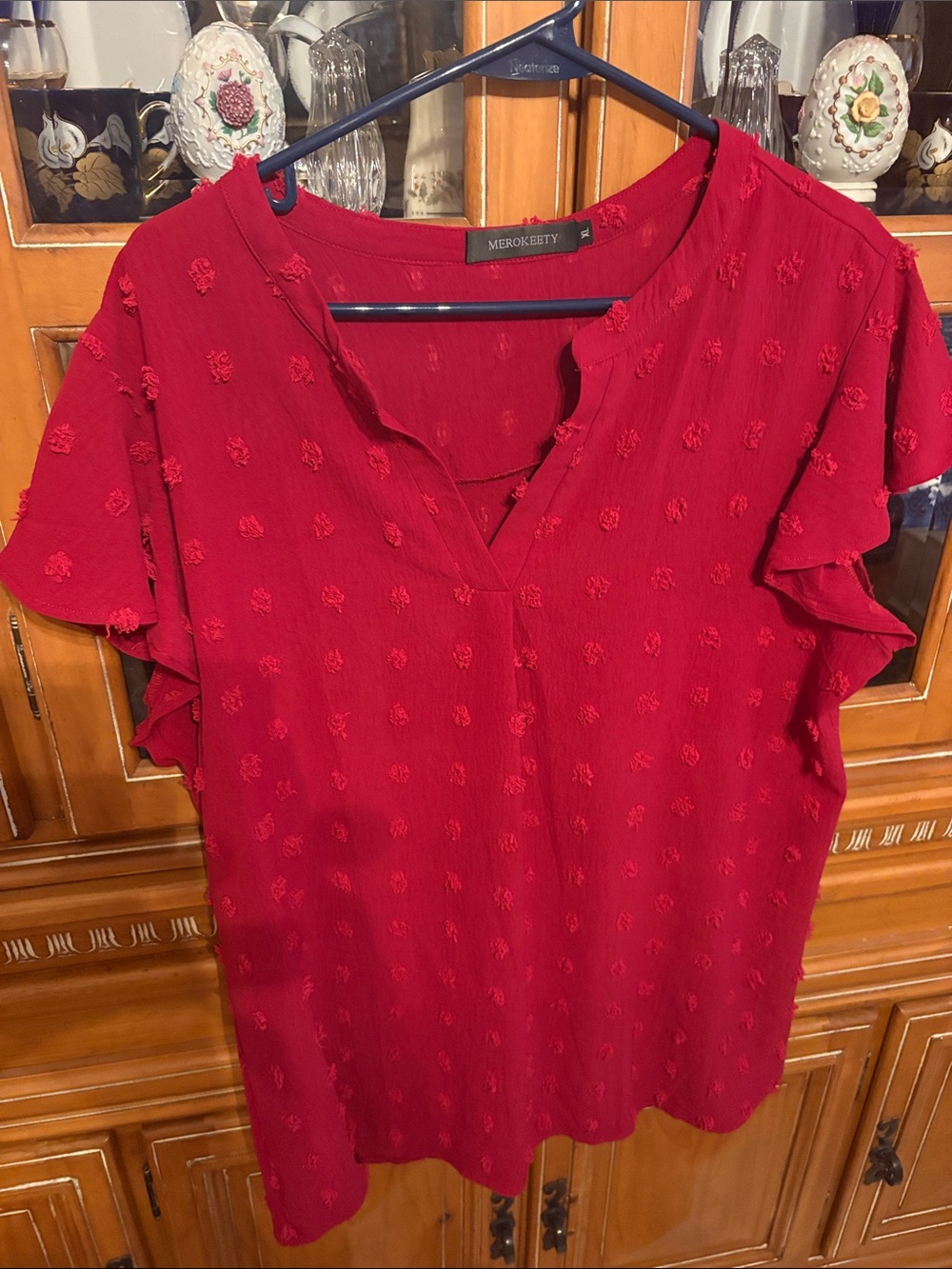 Women's Red Textured Flutter-Sleeve Top